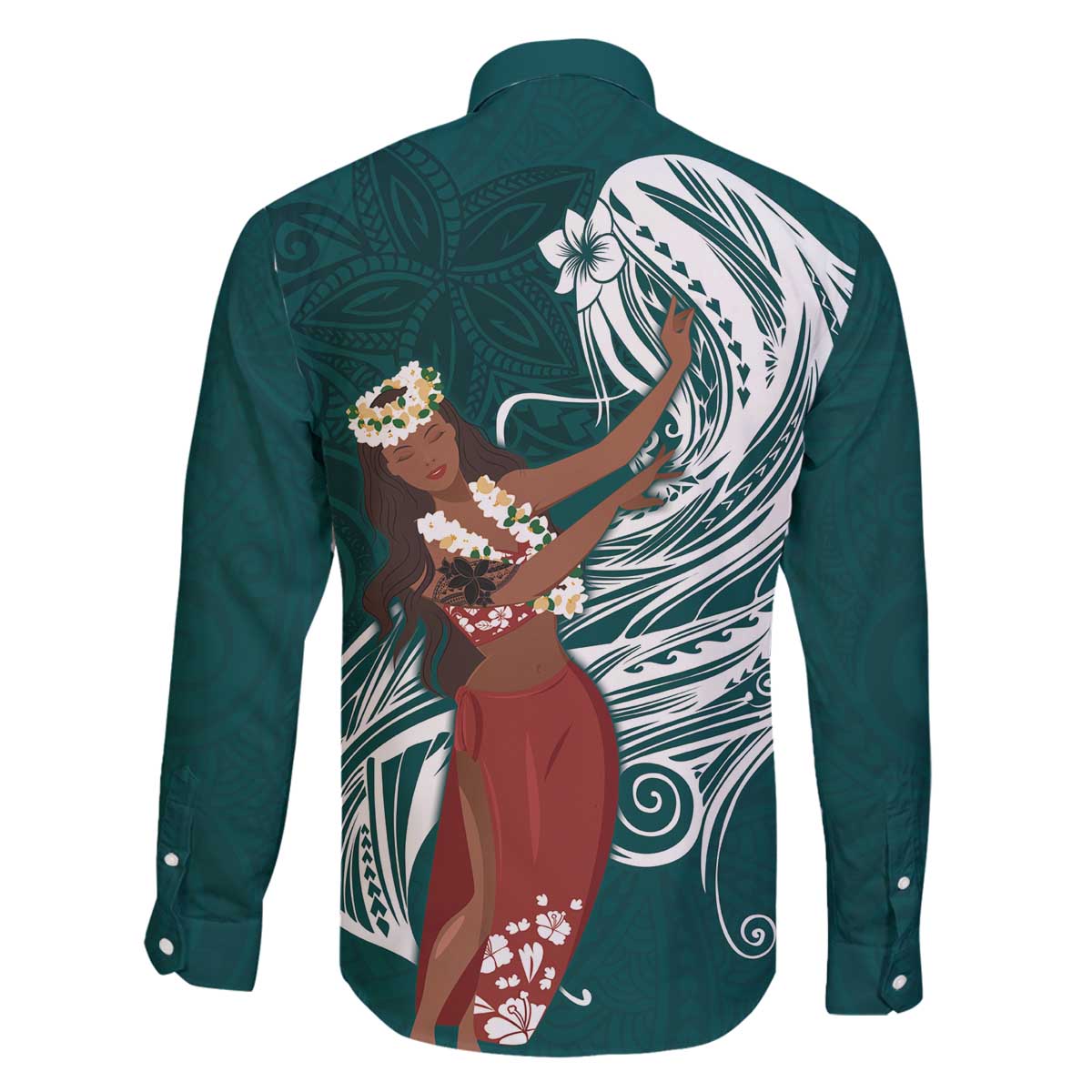 Tahiti Islands Polynesian Plumeria Family Matching Off The Shoulder Long Sleeve Dress and Hawaiian Shirt Tahitian Vahine 'Ote'a - Teal LT7 - Polynesian Pride