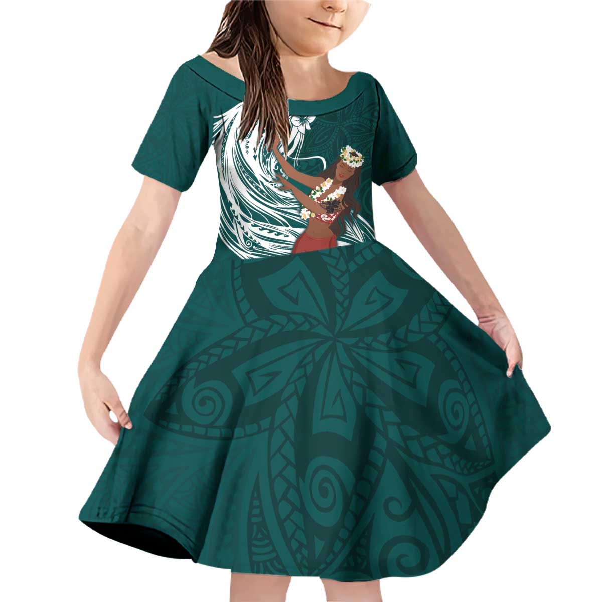 Tahiti Islands Polynesian Plumeria Family Matching Off Shoulder Short Dress and Hawaiian Shirt Tahitian Vahine 'Ote'a - Teal LT7 Daughter's Dress Teal - Polynesian Pride