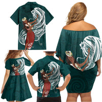 Tahiti Islands Polynesian Plumeria Family Matching Off Shoulder Short Dress and Hawaiian Shirt Tahitian Vahine 'Ote'a - Teal LT7 - Polynesian Pride
