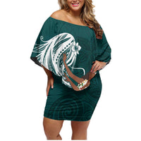 Tahiti Islands Polynesian Plumeria Family Matching Off Shoulder Short Dress and Hawaiian Shirt Tahitian Vahine 'Ote'a - Teal LT7 Mom's Dress Teal - Polynesian Pride