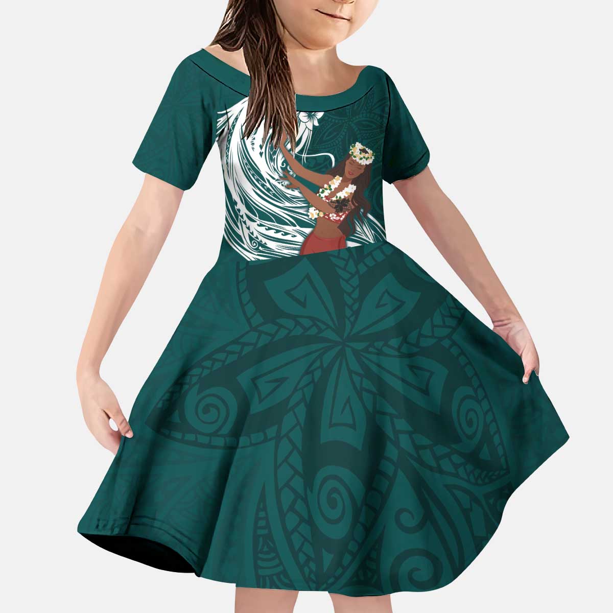 Tahiti Islands Polynesian Plumeria Family Matching Puletasi and Hawaiian Shirt Tahitian Vahine 'Ote'a - Teal LT7 Daughter's Dress Teal - Polynesian Pride