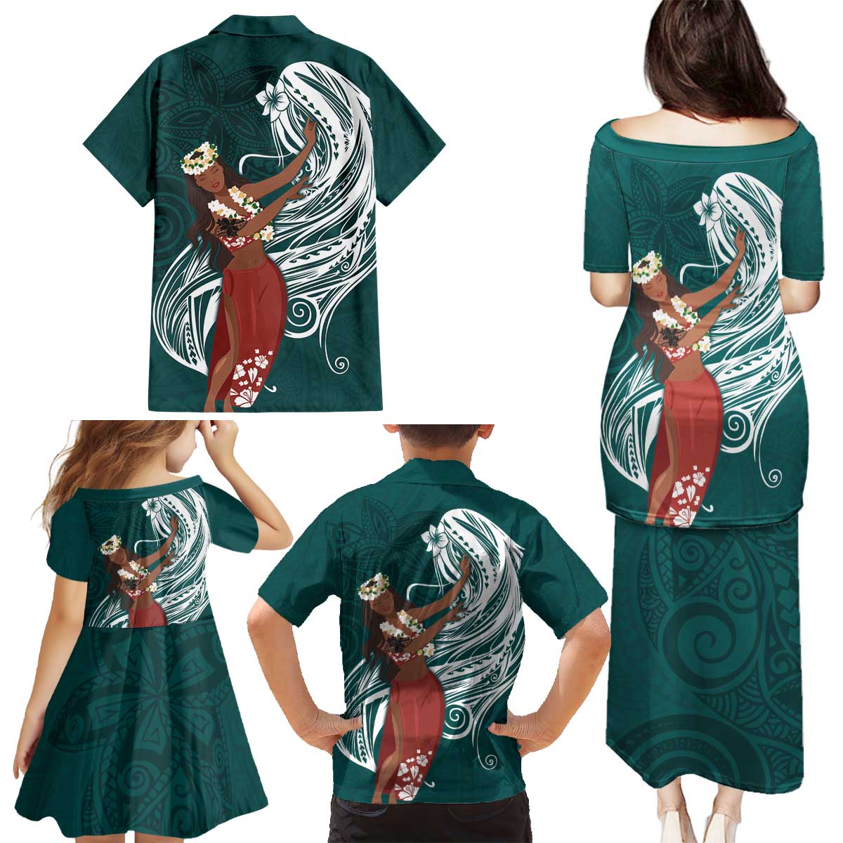 Tahiti Islands Polynesian Plumeria Family Matching Puletasi and Hawaiian Shirt Tahitian Vahine 'Ote'a - Teal LT7 - Polynesian Pride