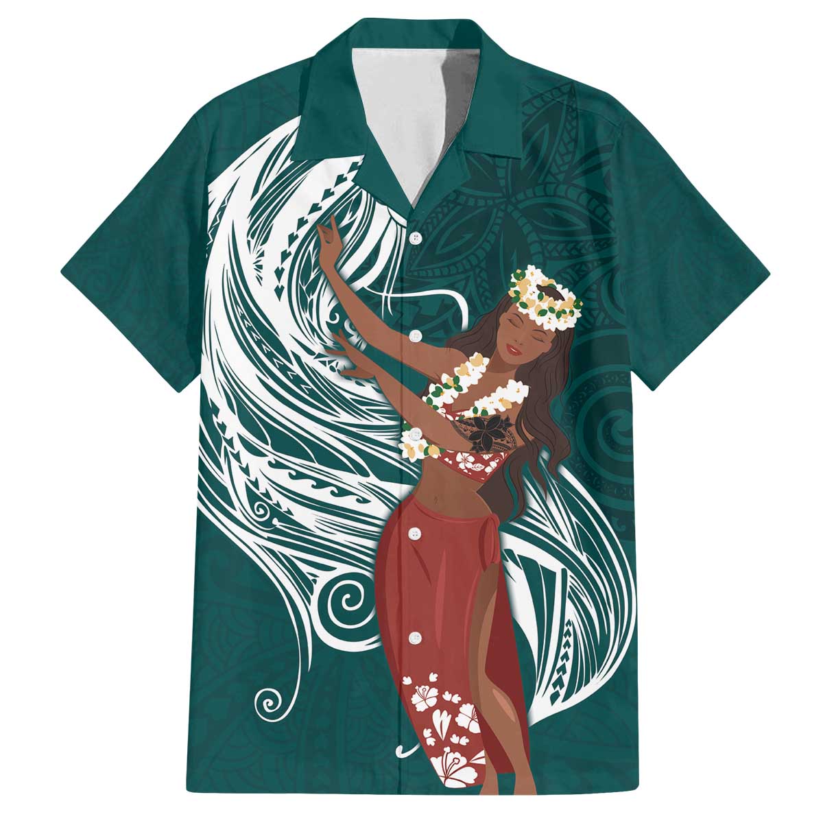 Tahiti Islands Polynesian Plumeria Family Matching Puletasi and Hawaiian Shirt Tahitian Vahine 'Ote'a - Teal LT7 Dad's Shirt - Short Sleeve Teal - Polynesian Pride