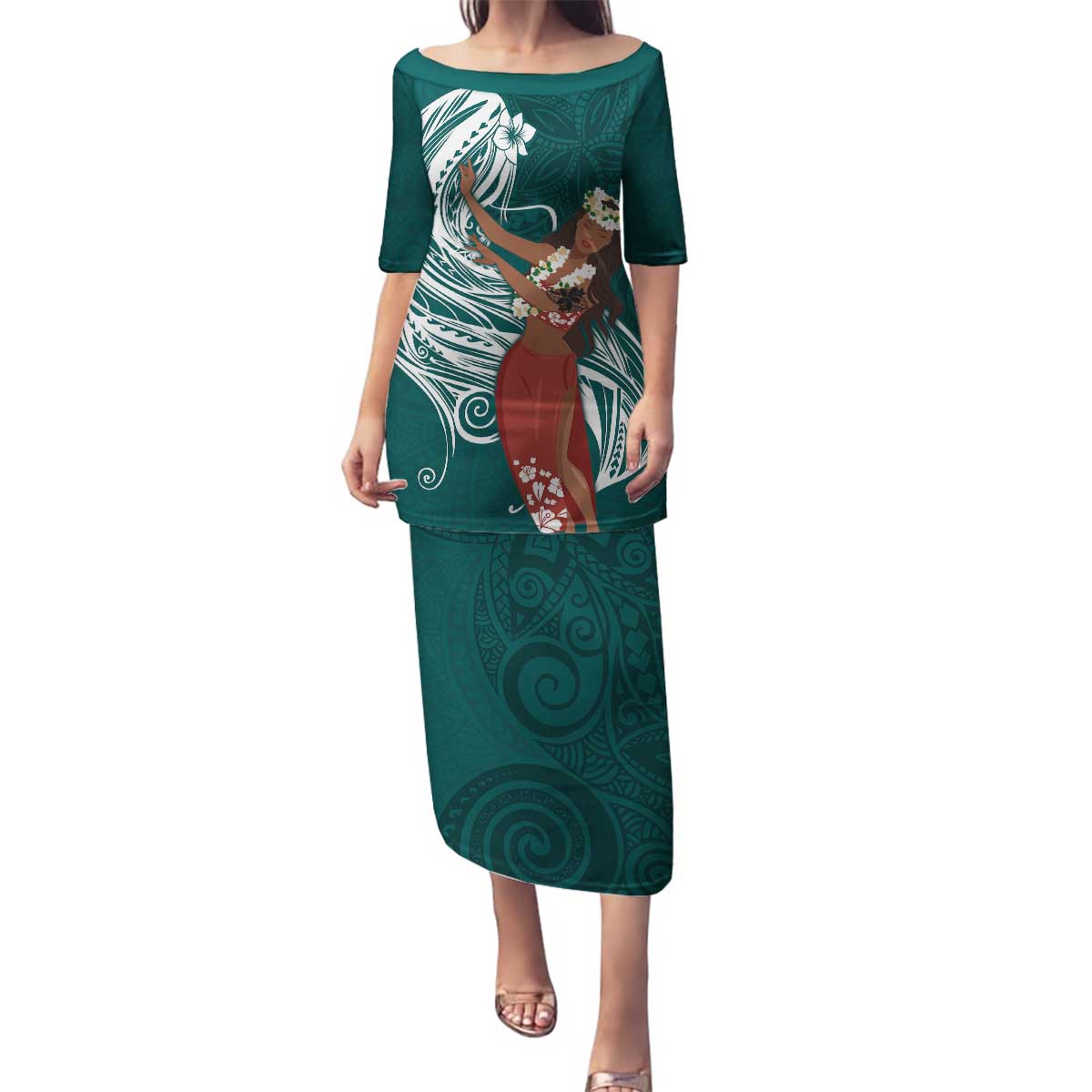 Tahiti Islands Polynesian Plumeria Family Matching Puletasi and Hawaiian Shirt Tahitian Vahine 'Ote'a - Teal LT7 Mom's Dress Teal - Polynesian Pride