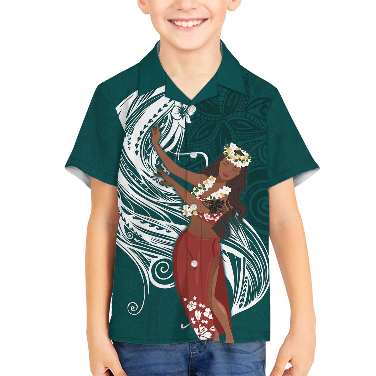 Tahiti Islands Polynesian Plumeria Family Matching Puletasi and Hawaiian Shirt Tahitian Vahine 'Ote'a - Teal LT7 Son's Shirt Teal - Polynesian Pride