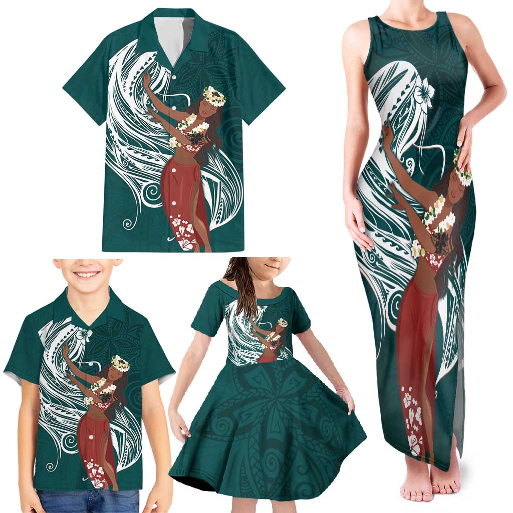 Tahiti Islands Polynesian Plumeria Family Matching Tank Maxi Dress and Hawaiian Shirt Tahitian Vahine 'Ote'a - Teal LT7 - Polynesian Pride