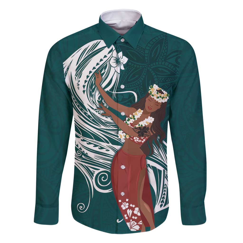 Tahiti Islands Polynesian Plumeria Family Matching Tank Maxi Dress and Hawaiian Shirt Tahitian Vahine 'Ote'a - Teal LT7 Dad's Shirt - Long Sleeve Teal - Polynesian Pride