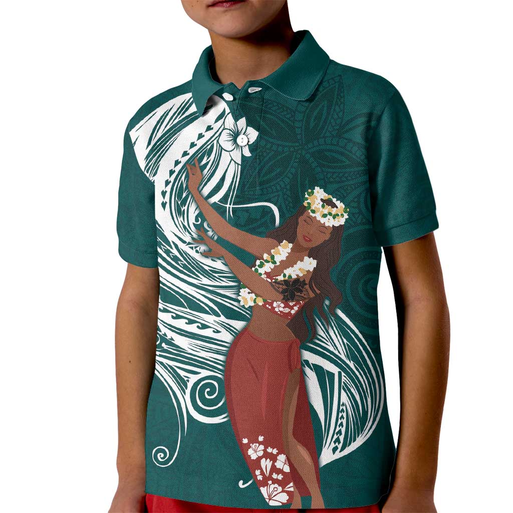 Tahiti Islands Polynesian Plumeria Kid Polo Shirt Tahitian Vahine 'Ote'a - Teal