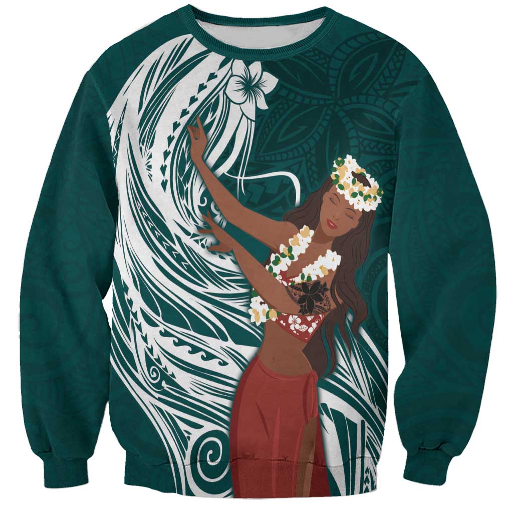 Tahiti Islands Polynesian Plumeria Sweatshirt Tahitian Vahine 'Ote'a - Teal
