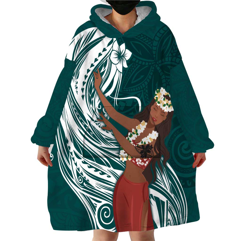 Tahiti Islands Polynesian Plumeria Wearable Blanket Hoodie Tahitian Vahine 'Ote'a - Teal