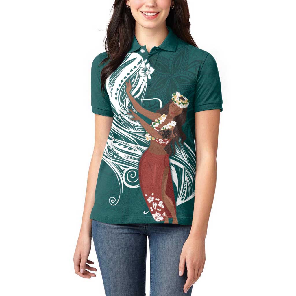 Tahiti Islands Polynesian Plumeria Women Polo Shirt Tahitian Vahine 'Ote'a - Teal LT7 - Polynesian Pride