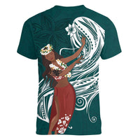 Tahiti Islands Polynesian Plumeria Women V-Neck T-Shirt Tahitian Vahine 'Ote'a - Teal