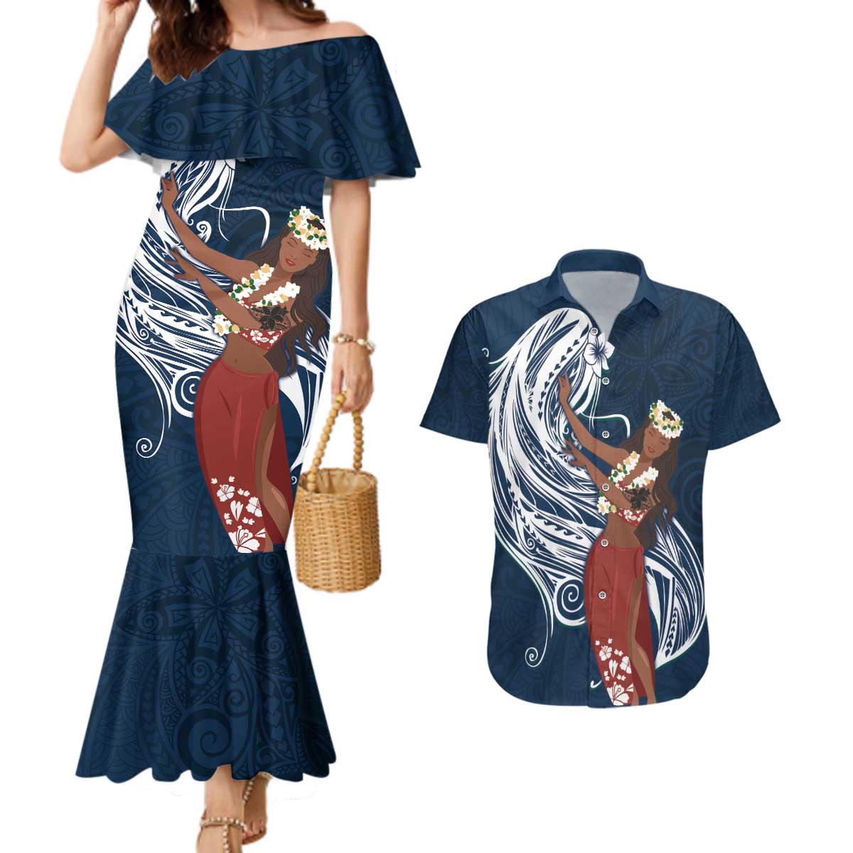 Tahiti Islands Polynesian Plumeria Couples Matching Mermaid Dress and Hawaiian Shirt Tahitian Vahine 'Ote'a - Navy Blue LT7 Blue - Polynesian Pride