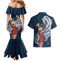 Tahiti Islands Polynesian Plumeria Couples Matching Mermaid Dress and Hawaiian Shirt Tahitian Vahine 'Ote'a - Navy Blue LT7 - Polynesian Pride