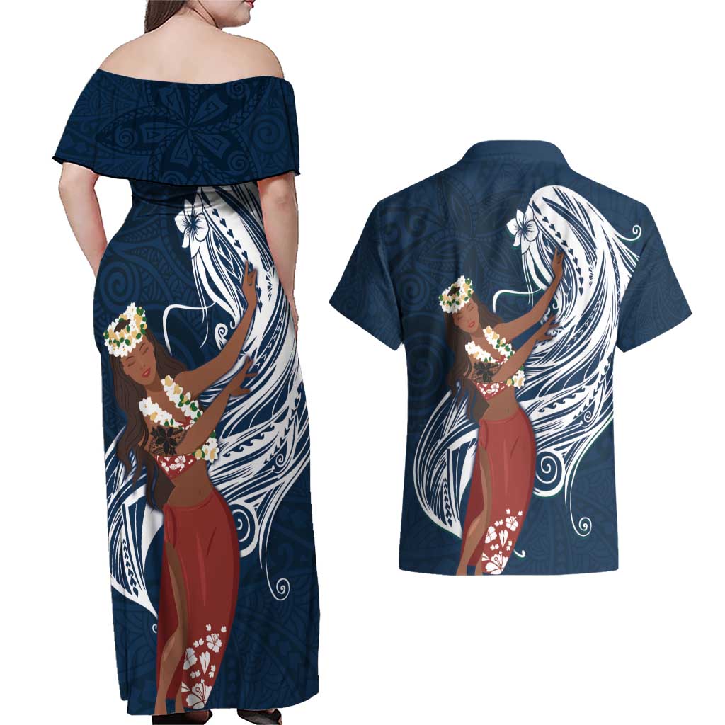 Tahiti Islands Polynesian Plumeria Couples Matching Off Shoulder Maxi Dress and Hawaiian Shirt Tahitian Vahine 'Ote'a - Navy Blue LT7 - Polynesian Pride