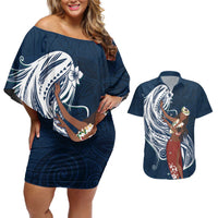Tahiti Islands Polynesian Plumeria Couples Matching Off Shoulder Short Dress and Hawaiian Shirt Tahitian Vahine 'Ote'a - Navy Blue