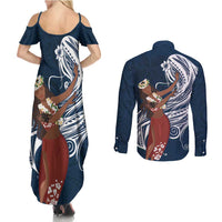 Tahiti Islands Polynesian Plumeria Couples Matching Summer Maxi Dress and Long Sleeve Button Shirt Tahitian Vahine 'Ote'a - Navy Blue