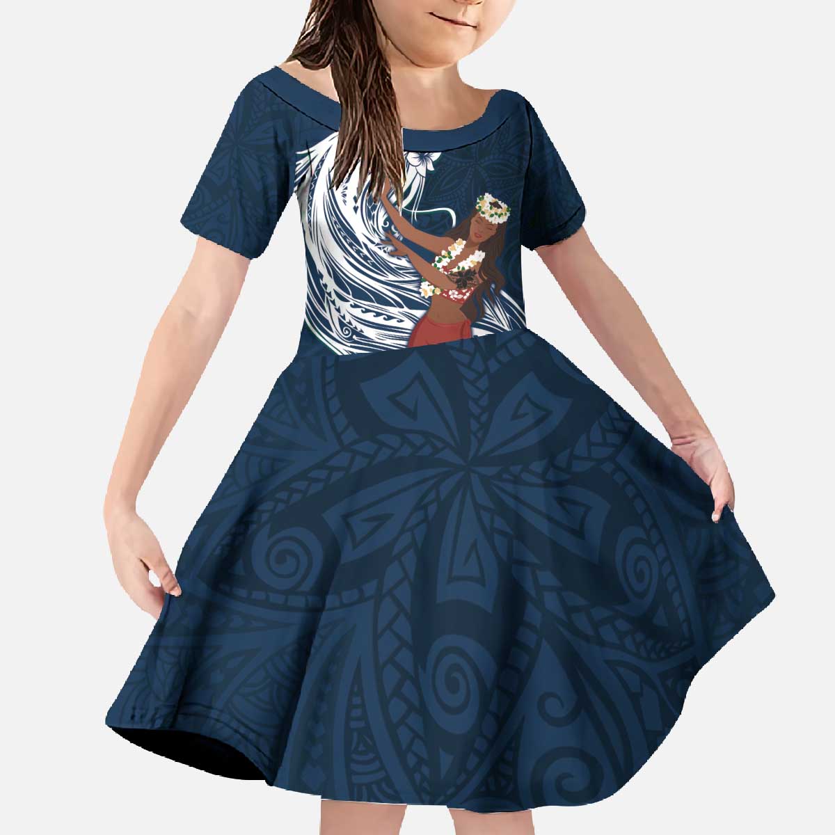 Tahiti Islands Polynesian Plumeria Family Matching Off The Shoulder Long Sleeve Dress and Hawaiian Shirt Tahitian Vahine 'Ote'a - Navy Blue LT7 Daughter's Dress Blue - Polynesian Pride