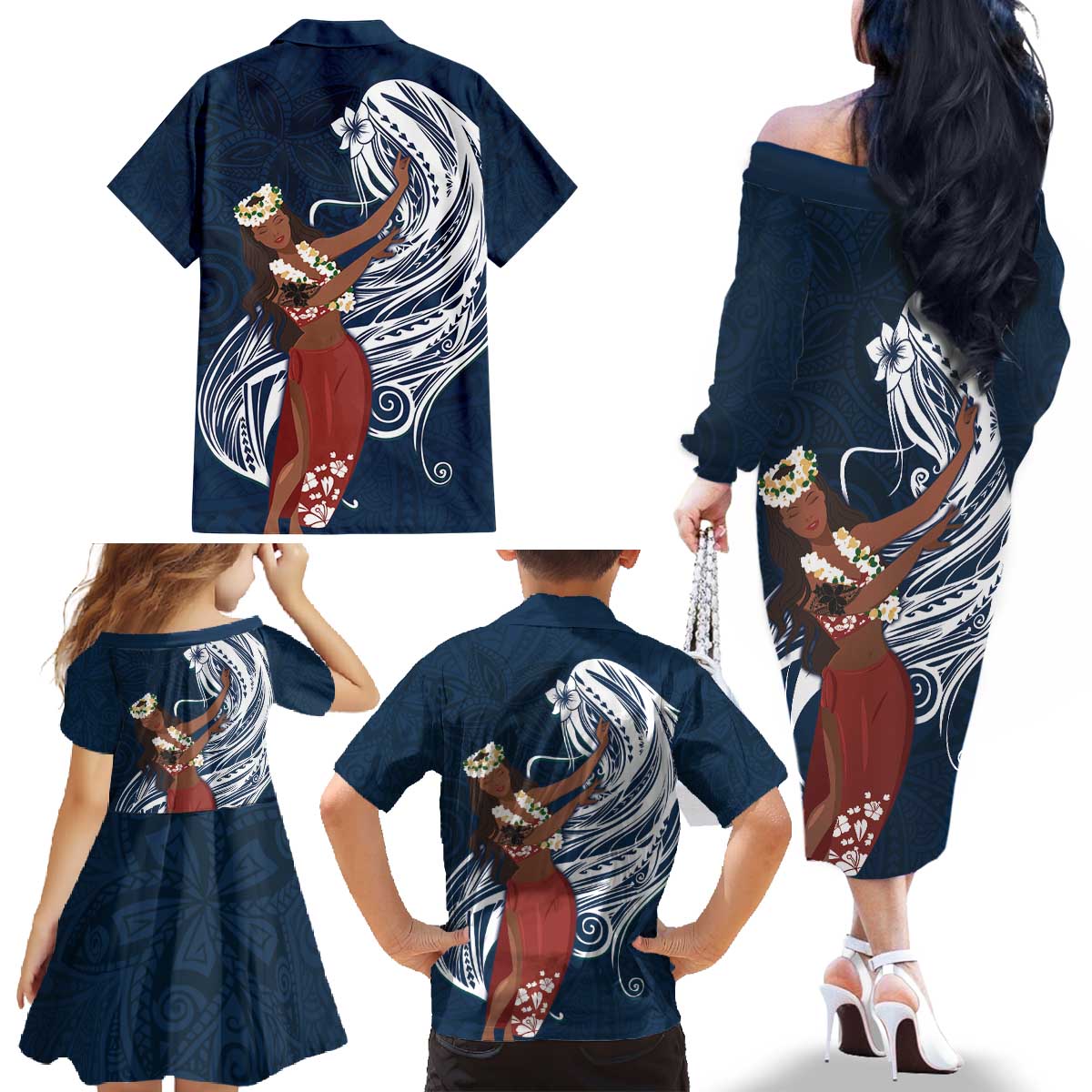 Tahiti Islands Polynesian Plumeria Family Matching Off The Shoulder Long Sleeve Dress and Hawaiian Shirt Tahitian Vahine 'Ote'a - Navy Blue LT7 - Polynesian Pride