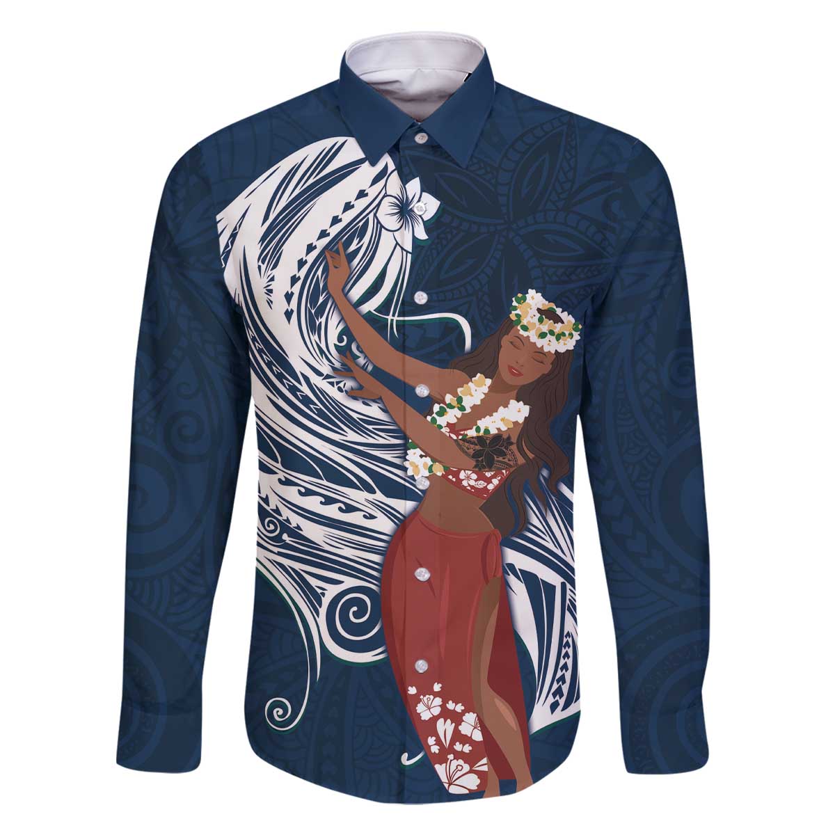 Tahiti Islands Polynesian Plumeria Family Matching Off The Shoulder Long Sleeve Dress and Hawaiian Shirt Tahitian Vahine 'Ote'a - Navy Blue LT7 Dad's Shirt - Long Sleeve Blue - Polynesian Pride