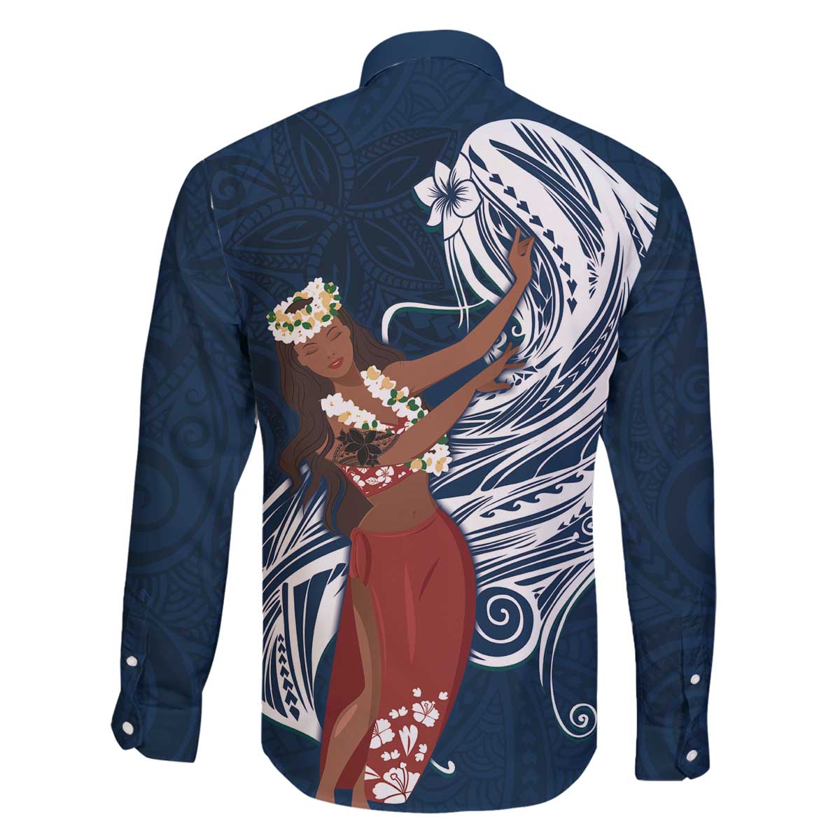 Tahiti Islands Polynesian Plumeria Family Matching Off The Shoulder Long Sleeve Dress and Hawaiian Shirt Tahitian Vahine 'Ote'a - Navy Blue LT7 - Polynesian Pride