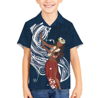 Tahiti Islands Polynesian Plumeria Family Matching Off The Shoulder Long Sleeve Dress and Hawaiian Shirt Tahitian Vahine 'Ote'a - Navy Blue LT7 Son's Shirt Blue - Polynesian Pride