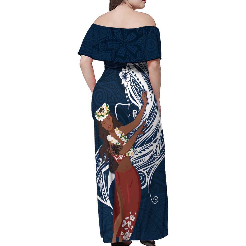 Tahiti Islands Polynesian Plumeria Family Matching Off Shoulder Maxi Dress and Hawaiian Shirt Tahitian Vahine 'Ote'a - Navy Blue