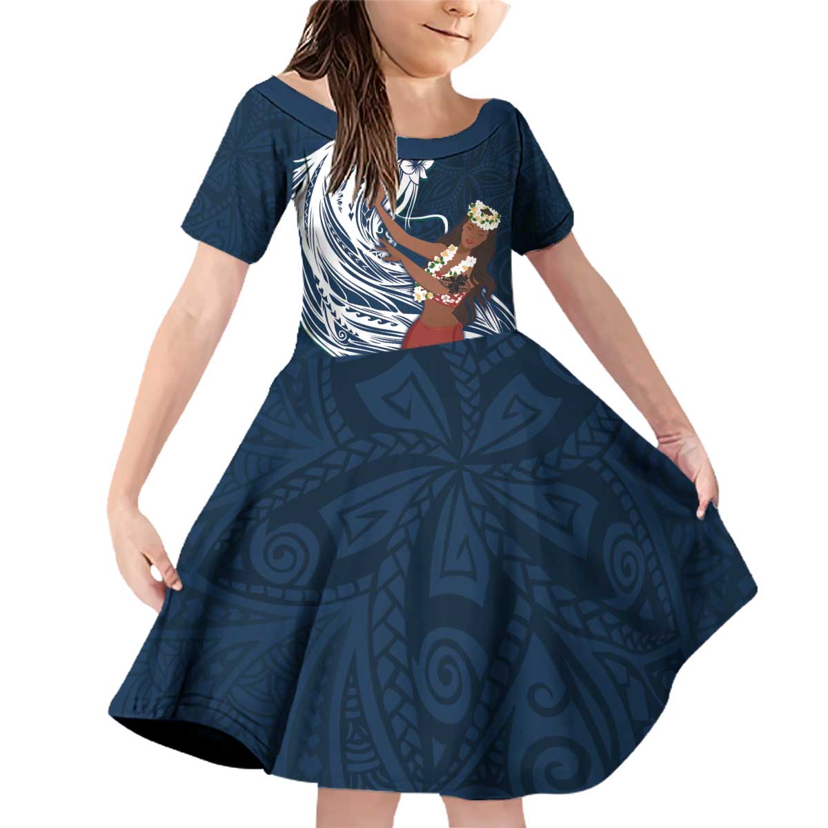 Tahiti Islands Polynesian Plumeria Family Matching Off Shoulder Short Dress and Hawaiian Shirt Tahitian Vahine 'Ote'a - Navy Blue LT7 Daughter's Dress Blue - Polynesian Pride