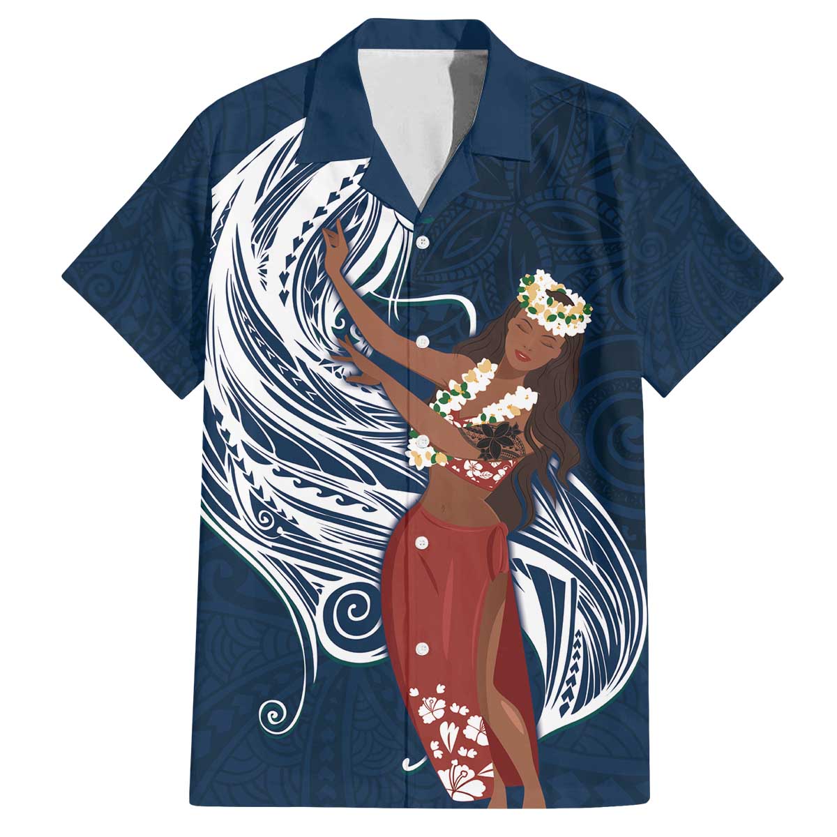 Tahiti Islands Polynesian Plumeria Family Matching Puletasi and Hawaiian Shirt Tahitian Vahine 'Ote'a - Navy Blue LT7 Dad's Shirt - Short Sleeve Blue - Polynesian Pride