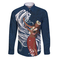 Tahiti Islands Polynesian Plumeria Family Matching Puletasi and Hawaiian Shirt Tahitian Vahine 'Ote'a - Navy Blue LT7 Dad's Shirt - Long Sleeve Blue - Polynesian Pride