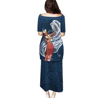 Tahiti Islands Polynesian Plumeria Family Matching Puletasi and Hawaiian Shirt Tahitian Vahine 'Ote'a - Navy Blue LT7 - Polynesian Pride