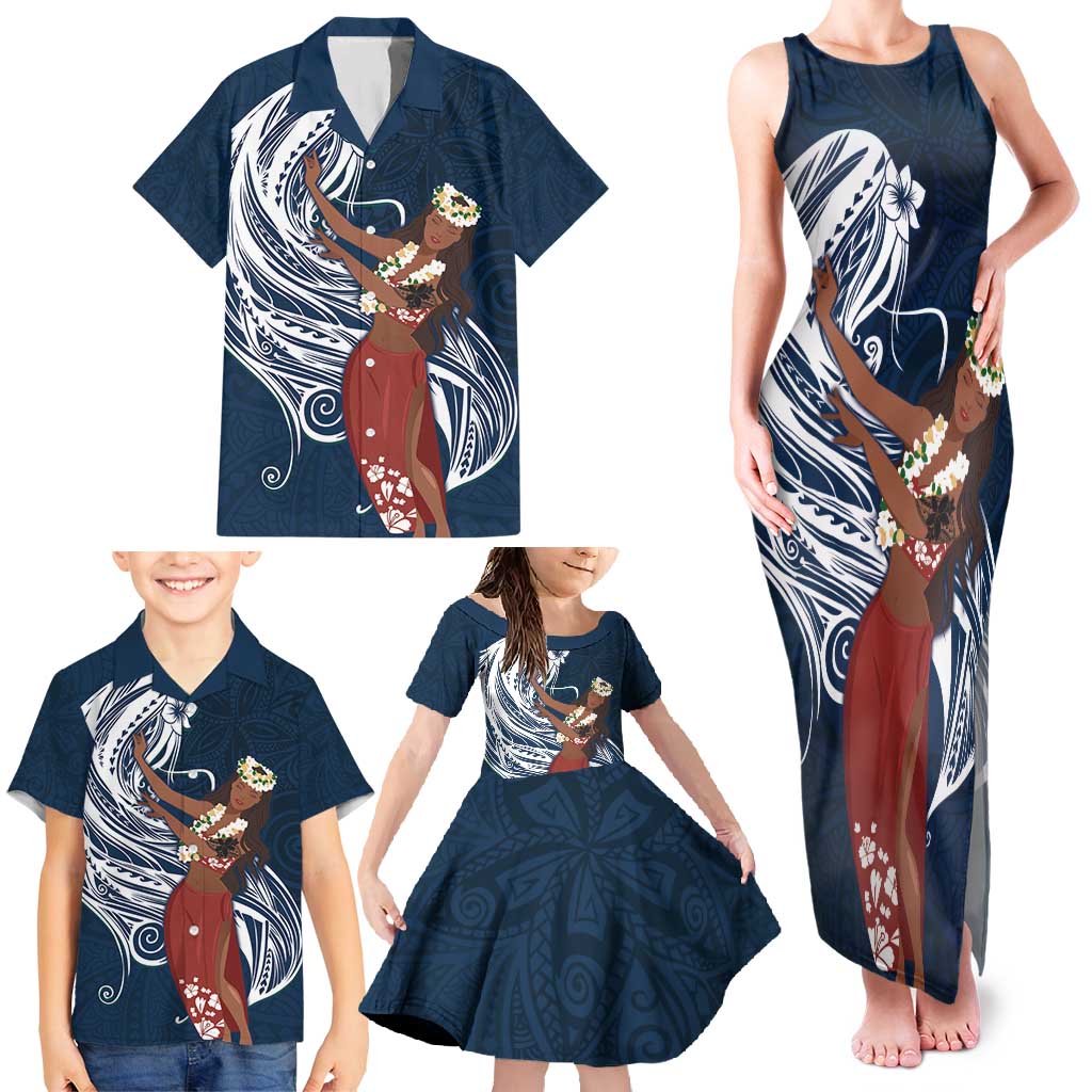 Tahiti Islands Polynesian Plumeria Family Matching Tank Maxi Dress and Hawaiian Shirt Tahitian Vahine 'Ote'a - Navy Blue LT7 - Polynesian Pride