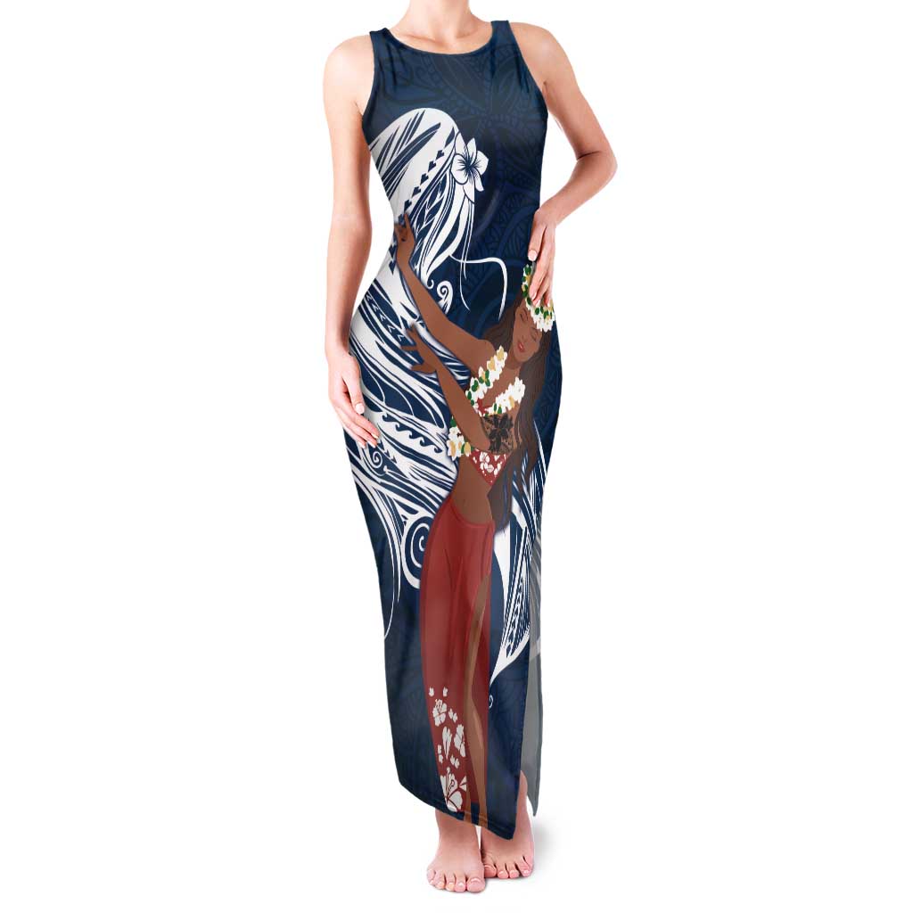 Tahiti Islands Polynesian Plumeria Family Matching Tank Maxi Dress and Hawaiian Shirt Tahitian Vahine 'Ote'a - Navy Blue LT7 Mom's Dress Blue - Polynesian Pride