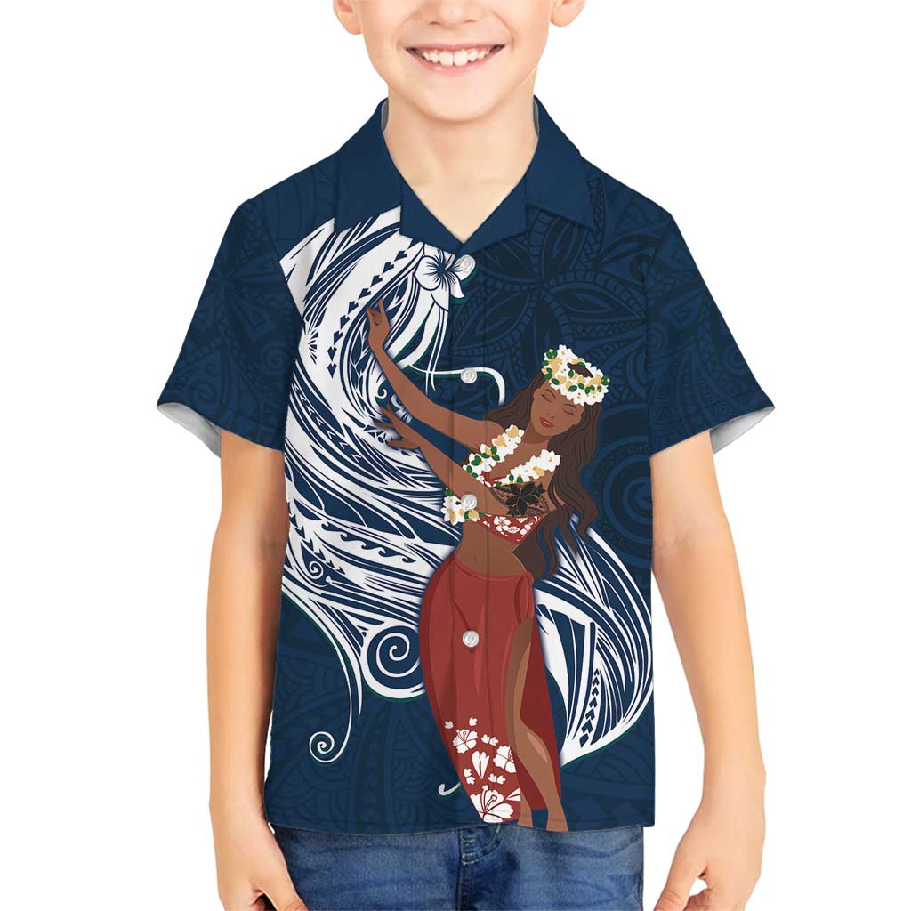 Tahiti Islands Polynesian Plumeria Family Matching Tank Maxi Dress and Hawaiian Shirt Tahitian Vahine 'Ote'a - Navy Blue LT7 Son's Shirt Blue - Polynesian Pride
