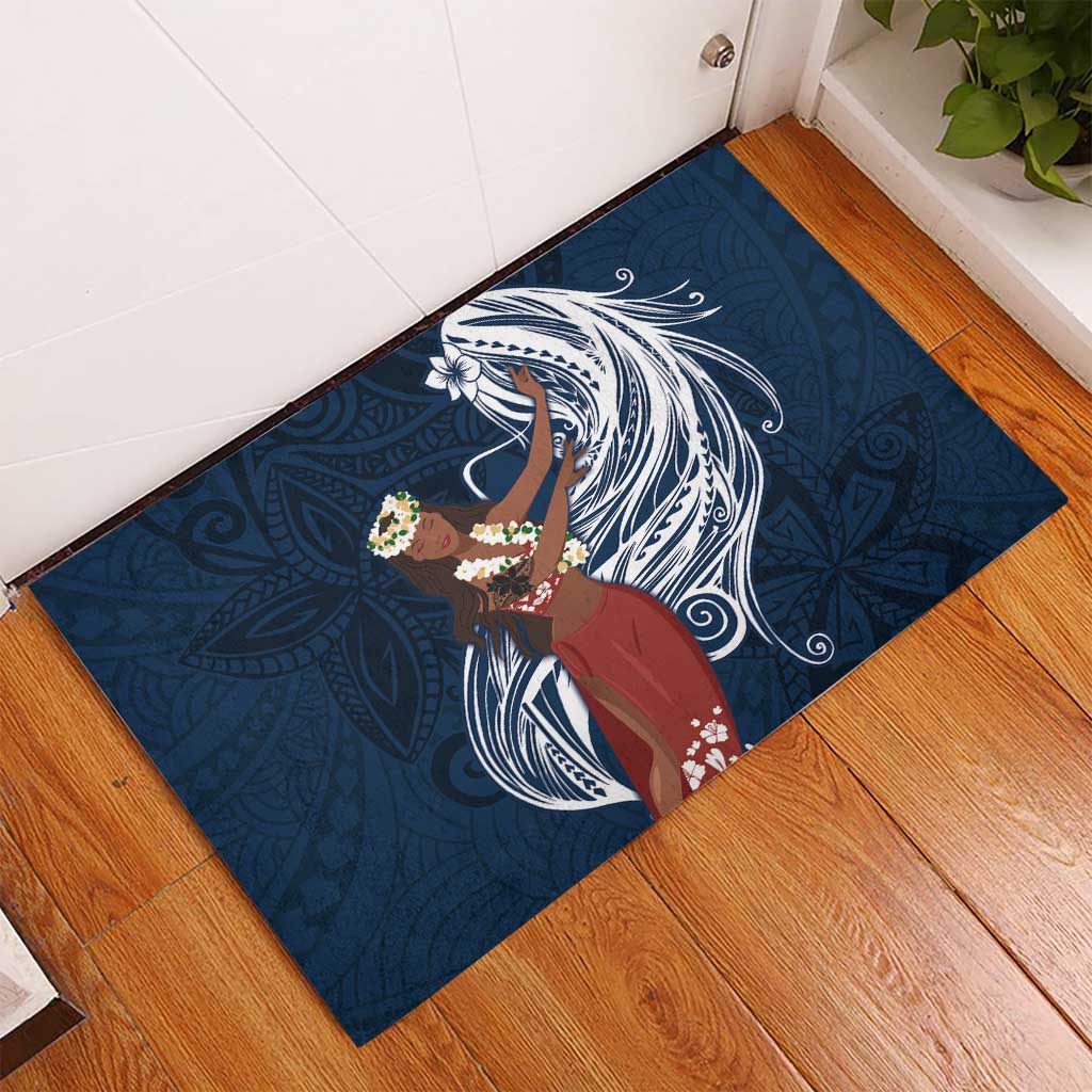Tahiti Islands Polynesian Plumeria Rubber Doormat Tahitian Vahine 'Ote'a - Navy Blue