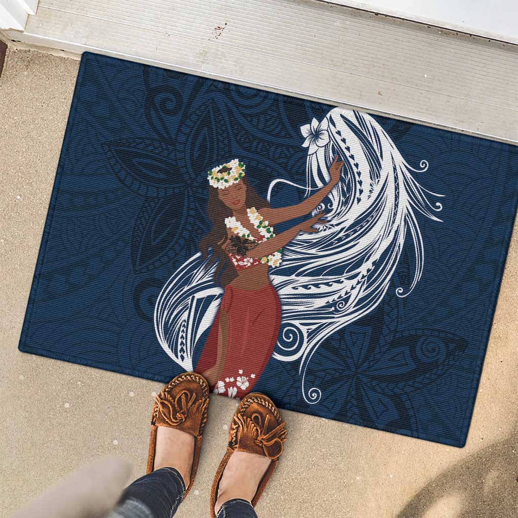 Tahiti Islands Polynesian Plumeria Rubber Doormat Tahitian Vahine 'Ote'a - Navy Blue