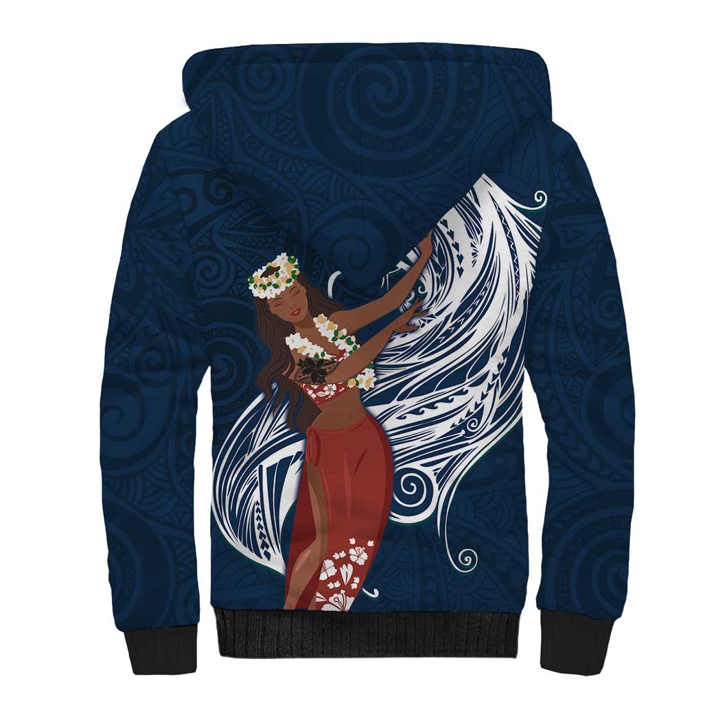 Tahiti Islands Polynesian Plumeria Sherpa Hoodie Tahitian Vahine 'Ote'a - Navy Blue