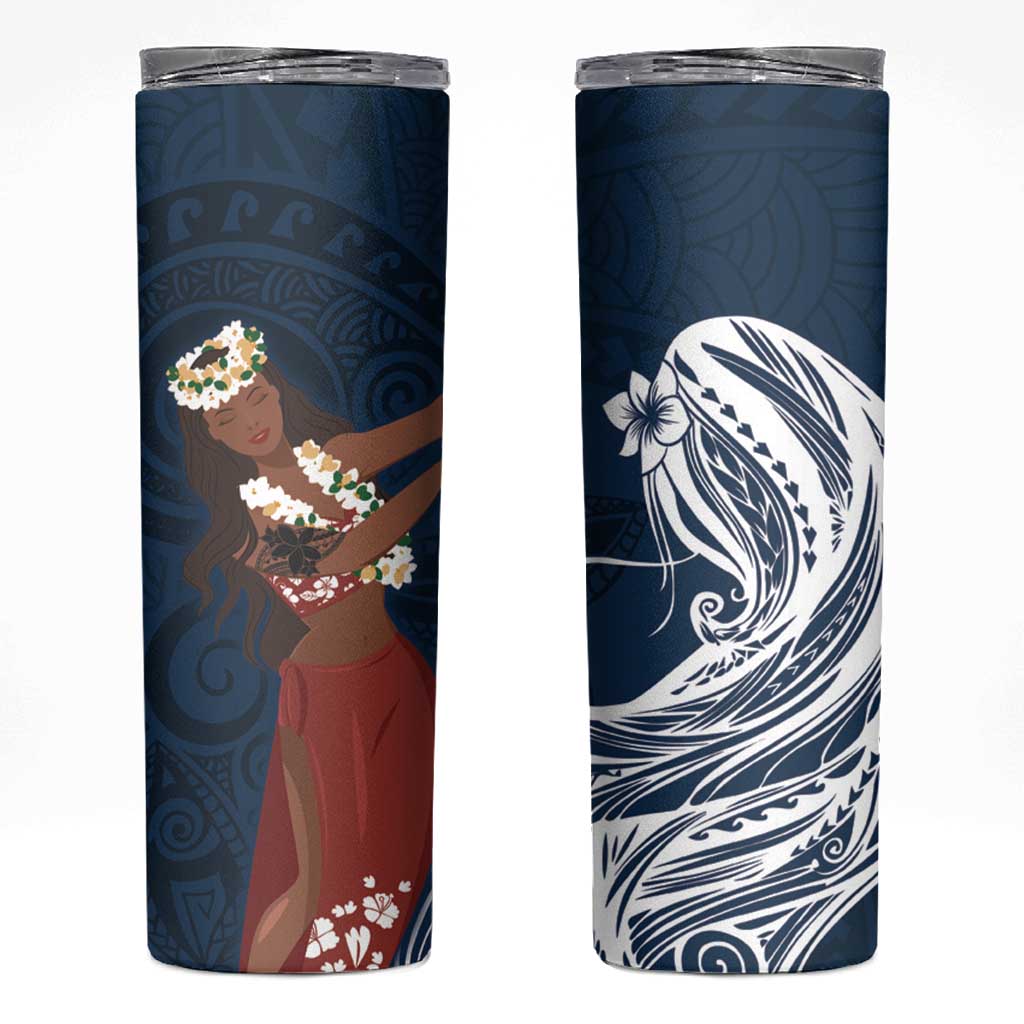 Tahiti Islands Polynesian Plumeria Skinny Tumbler Tahitian Vahine 'Ote'a - Navy Blue LT7 Blue - Polynesian Pride