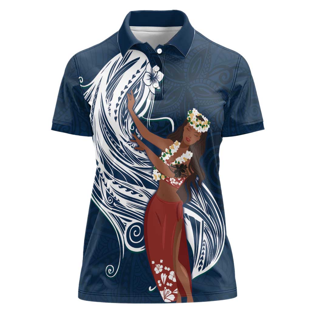 Tahiti Islands Polynesian Plumeria Women Polo Shirt Tahitian Vahine 'Ote'a - Navy Blue LT7 Female Blue - Polynesian Pride