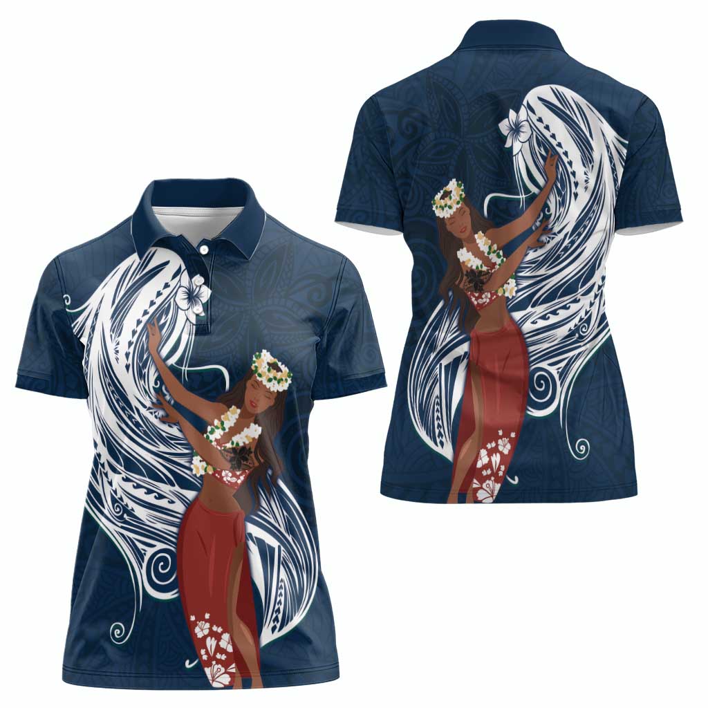 Tahiti Islands Polynesian Plumeria Women Polo Shirt Tahitian Vahine 'Ote'a - Navy Blue LT7 - Polynesian Pride