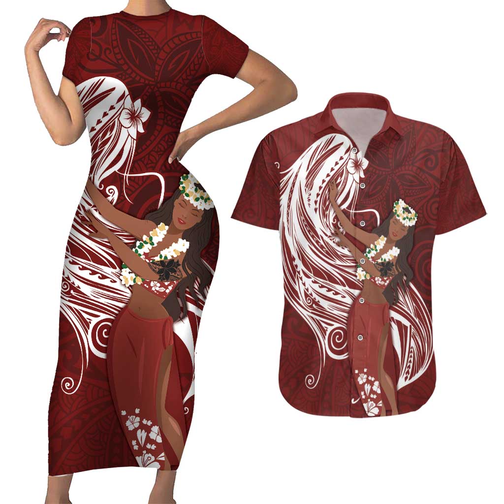 Tahiti Islands Polynesian Plumeria Couples Matching Short Sleeve Bodycon Dress and Hawaiian Shirt Tahitian Vahine 'Ote'a - Scarlet LT7 Red - Polynesian Pride