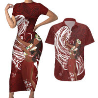 Tahiti Islands Polynesian Plumeria Couples Matching Short Sleeve Bodycon Dress and Hawaiian Shirt Tahitian Vahine 'Ote'a - Scarlet LT7 Red - Polynesian Pride