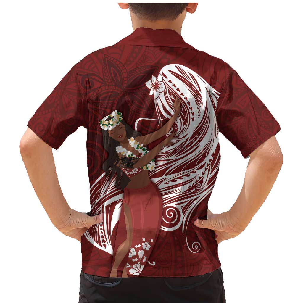 Tahiti Islands Polynesian Plumeria Family Matching Mermaid Dress and Hawaiian Shirt Tahitian Vahine 'Ote'a - Scarlet