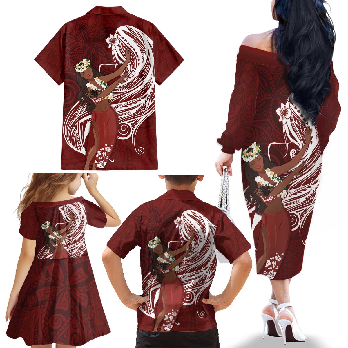 Tahiti Islands Polynesian Plumeria Family Matching Off The Shoulder Long Sleeve Dress and Hawaiian Shirt Tahitian Vahine 'Ote'a - Scarlet LT7 - Polynesian Pride