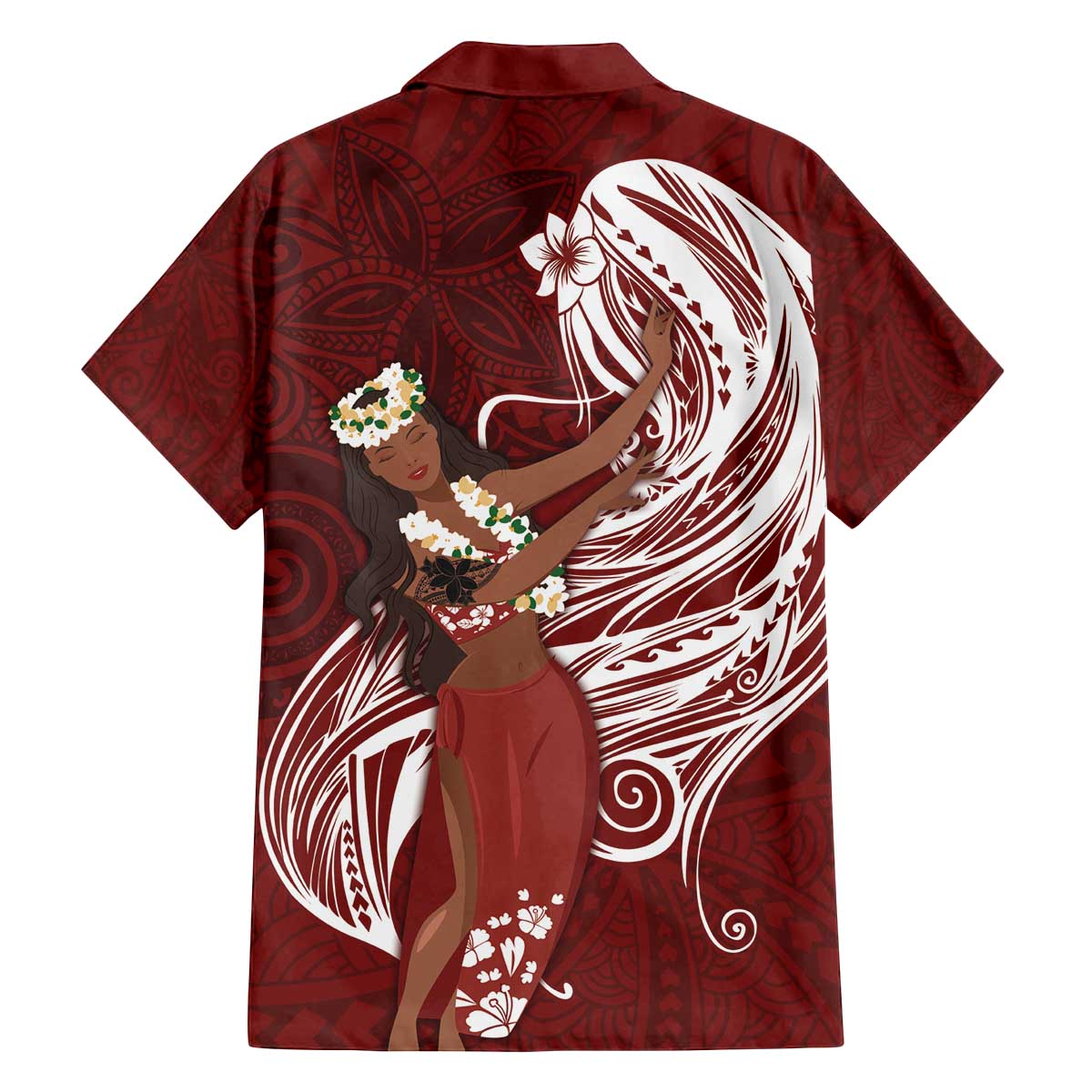 Tahiti Islands Polynesian Plumeria Family Matching Off The Shoulder Long Sleeve Dress and Hawaiian Shirt Tahitian Vahine 'Ote'a - Scarlet LT7 - Polynesian Pride