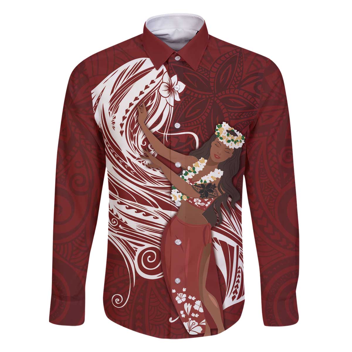 Tahiti Islands Polynesian Plumeria Family Matching Off The Shoulder Long Sleeve Dress and Hawaiian Shirt Tahitian Vahine 'Ote'a - Scarlet LT7 Dad's Shirt - Long Sleeve Red - Polynesian Pride