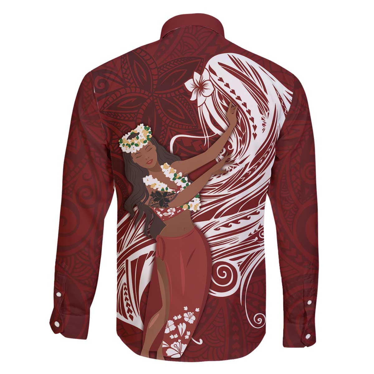 Tahiti Islands Polynesian Plumeria Family Matching Off The Shoulder Long Sleeve Dress and Hawaiian Shirt Tahitian Vahine 'Ote'a - Scarlet LT7 - Polynesian Pride