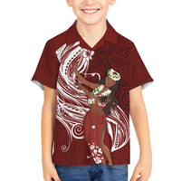 Tahiti Islands Polynesian Plumeria Family Matching Off The Shoulder Long Sleeve Dress and Hawaiian Shirt Tahitian Vahine 'Ote'a - Scarlet LT7 Son's Shirt Red - Polynesian Pride