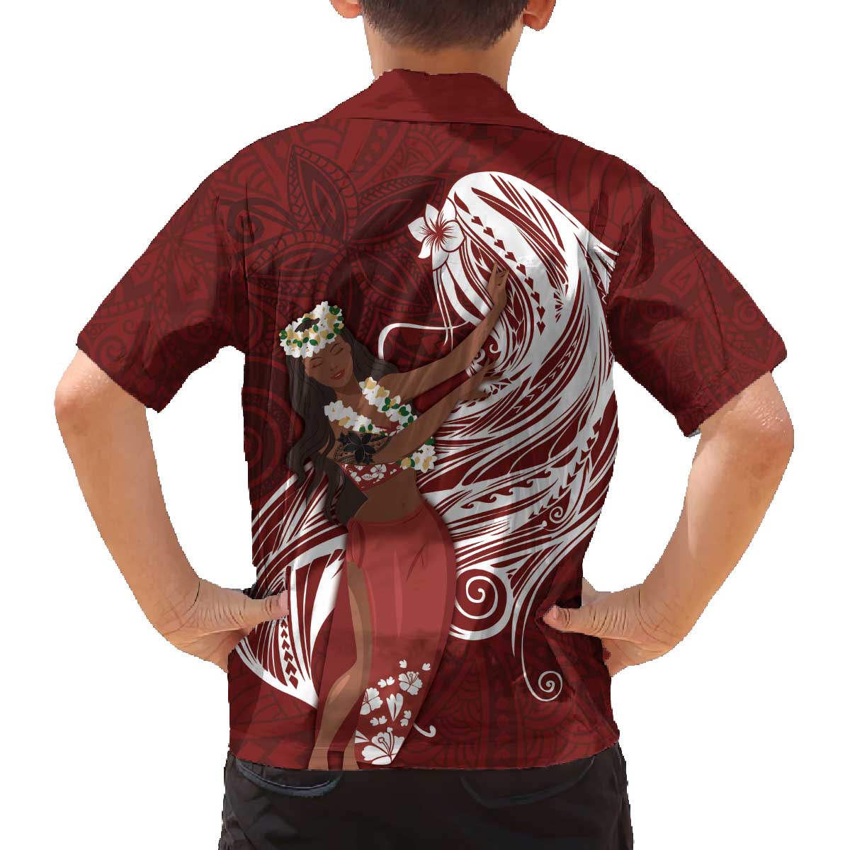 Tahiti Islands Polynesian Plumeria Family Matching Off Shoulder Short Dress and Hawaiian Shirt Tahitian Vahine 'Ote'a - Scarlet LT7 - Polynesian Pride
