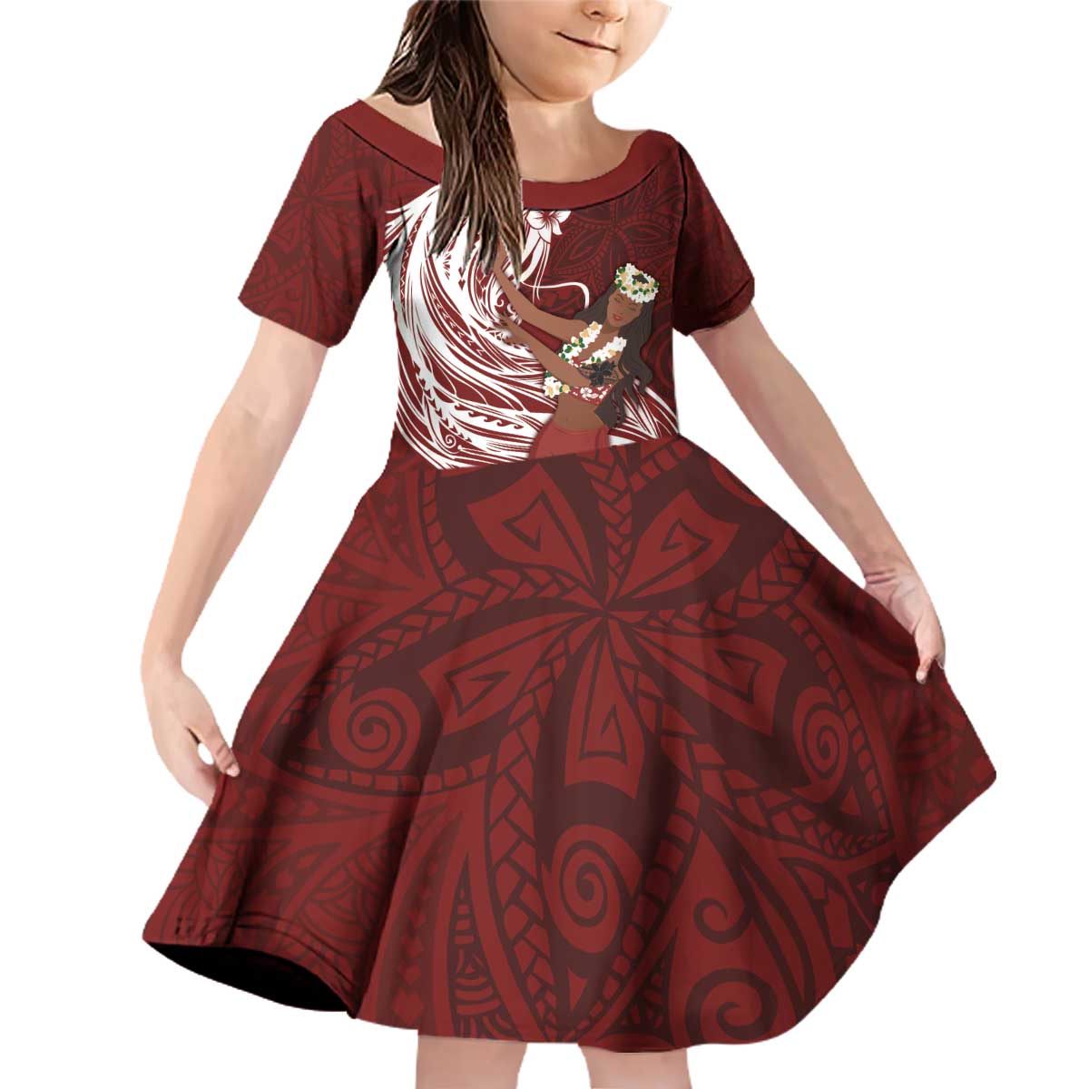 Tahiti Islands Polynesian Plumeria Family Matching Off Shoulder Short Dress and Hawaiian Shirt Tahitian Vahine 'Ote'a - Scarlet LT7 Daughter's Dress Red - Polynesian Pride